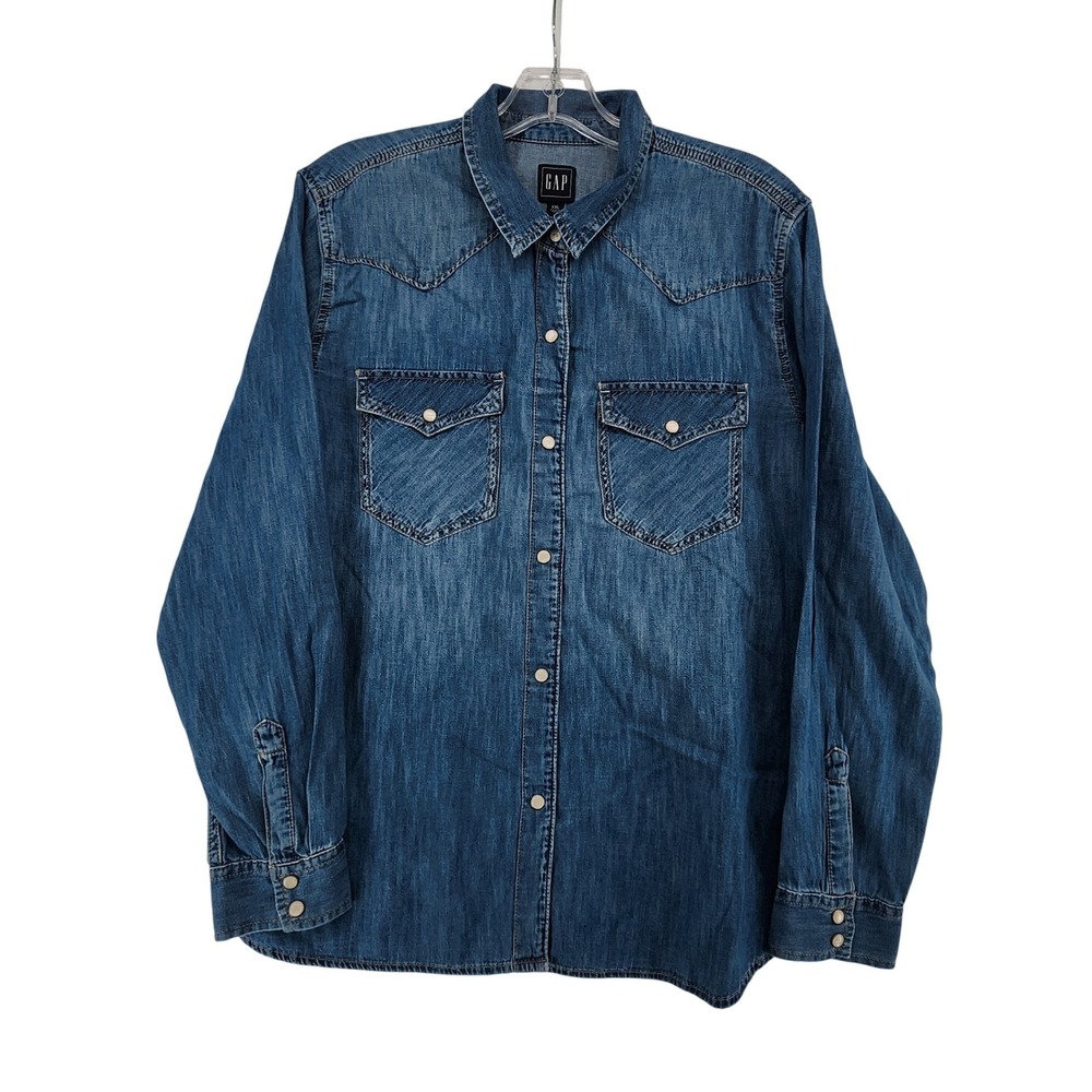 GAP XXL Blue Denim Western Pearl Snap Shirt Long Sleeve Workwear Cowboy Casual
